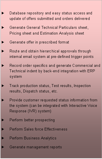 Text Box: Database repository and easy status access and update of offers submitted and orders delivered
Generate General Technical Particulars sheet, Pricing sheet and Estimation Analysis sheet
Generate offer in prescribed format
Route and obtain hierarchical approvals through internal email system at pre-defined trigger points
Record order specifics and generate Commercial and Technical indent by back-end integration with ERP system
Track production status, Test results, Inspection results, Dispatch status, etc.
Provide customer requested status information from the system (can be integrated with Interactive Voice Response (IVR) system)
Perform better prospecting
Perform Sales force Effectiveness
Perform Business Analytics
Generate management reports